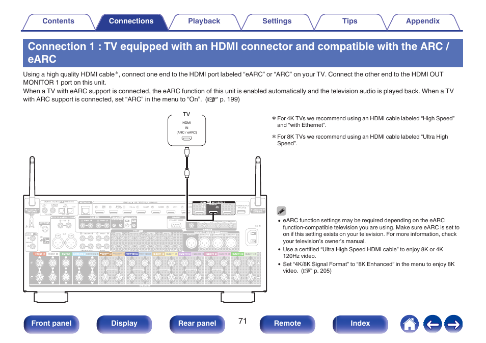 Compatible with the arc / earc, P. 71), Connection 1 : tv equipped with an hdmi | Connector and compatible with the arc, Earc | Denon AVR-A1H 15.4-Channel Network A/V Receiver User Manual | Page 71 / 353