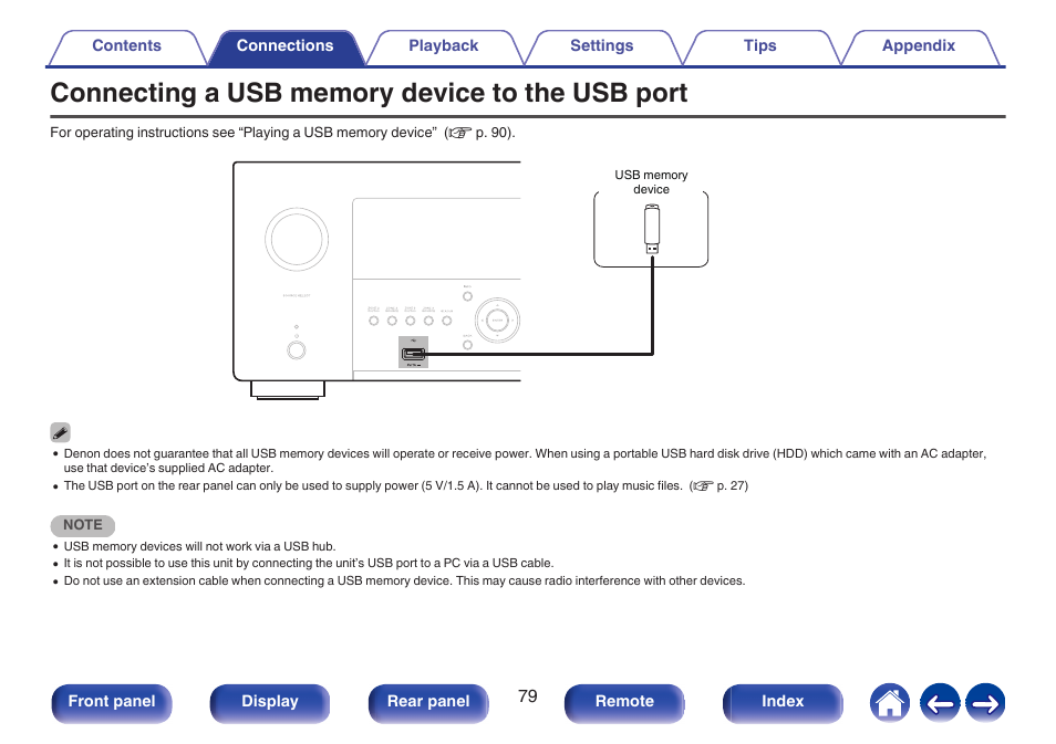 Connecting a usb memory device to the usb port, P. 79) | Denon AVR-A1H 15.4-Channel Network A/V Receiver User Manual | Page 79 / 353