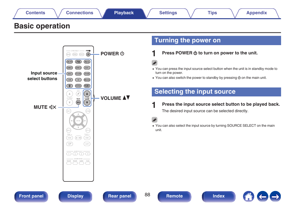 Basic operation, Turning the power on, Selecting the input source | Located) on/off (standby), P. 88), This selects the input source | Denon AVR-A1H 15.4-Channel Network A/V Receiver User Manual | Page 88 / 353