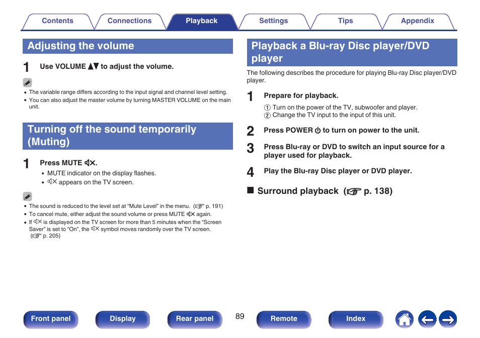 Adjusting the volume, Turning off the sound temporarily (muting), Playback a blu-ray disc player/dvd player | P. 89) | Denon AVR-A1H 15.4-Channel Network A/V Receiver User Manual | Page 89 / 353