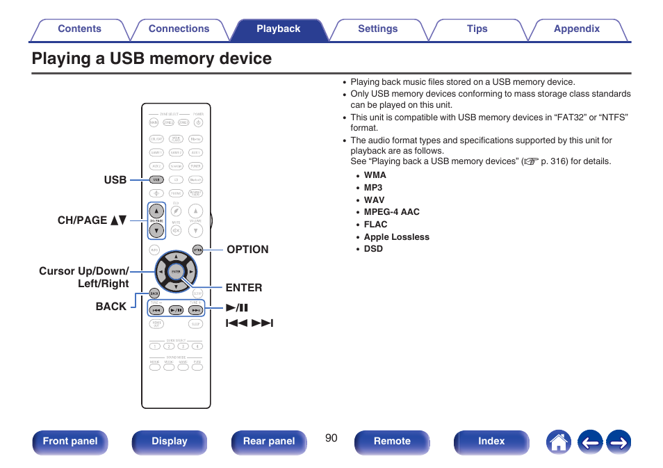 Playing a usb memory device, P. 90) | Denon AVR-A1H 15.4-Channel Network A/V Receiver User Manual | Page 90 / 353