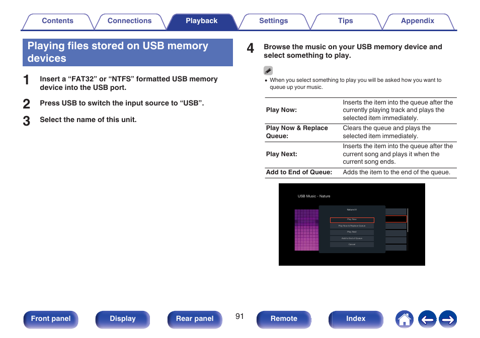 Playing files stored on usb memory devices | Denon AVR-A1H 15.4-Channel Network A/V Receiver User Manual | Page 91 / 353