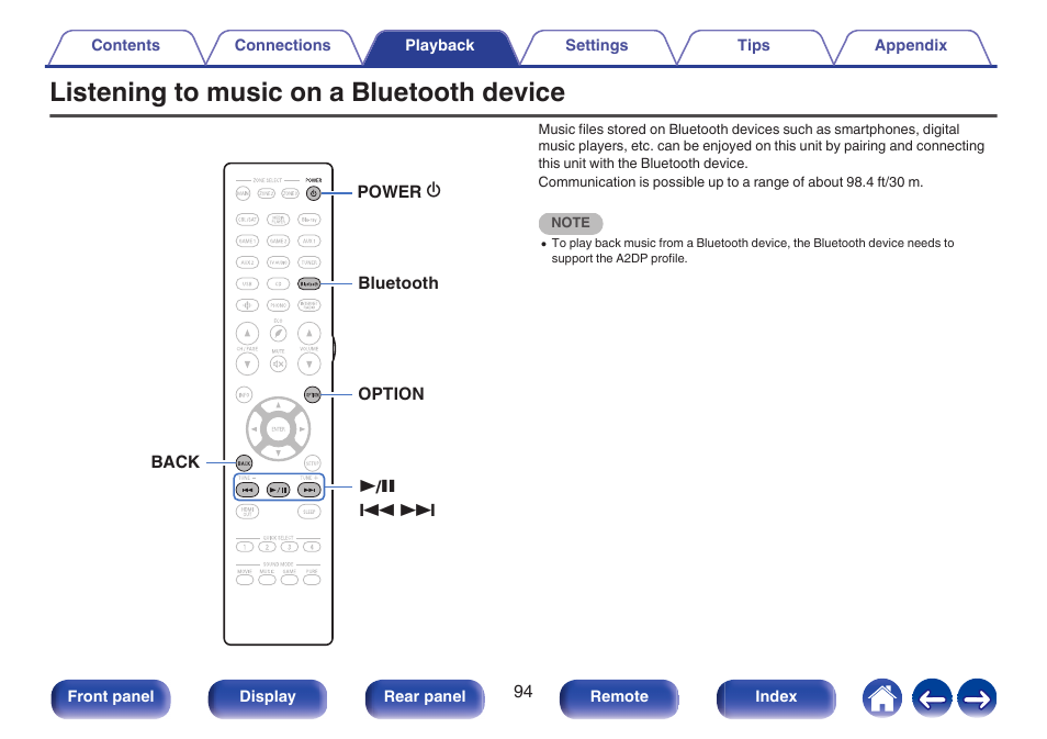 Listening to music on a bluetooth device, P. 94) | Denon AVR-A1H 15.4-Channel Network A/V Receiver User Manual | Page 94 / 353