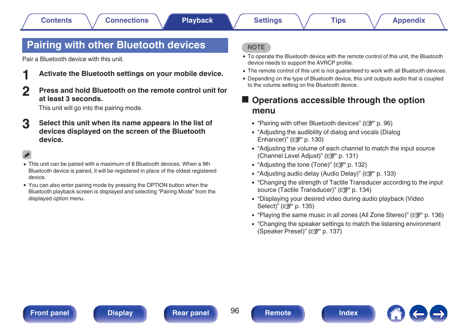 Pairing with other bluetooth devices, Ooperations accessible through the option menu | Denon AVR-A1H 15.4-Channel Network A/V Receiver User Manual | Page 96 / 353