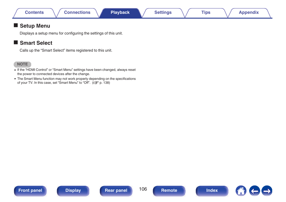 Osetup menu, Osmart select | Marantz NR1510 5.2-Channel Network A/V Receiver User Manual | Page 106 / 244