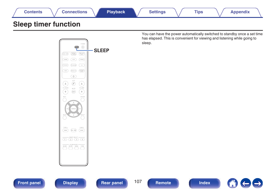 Sleep timer function, This lights when the sleep mode is selected, P. 107) | Marantz NR1510 5.2-Channel Network A/V Receiver User Manual | Page 107 / 244