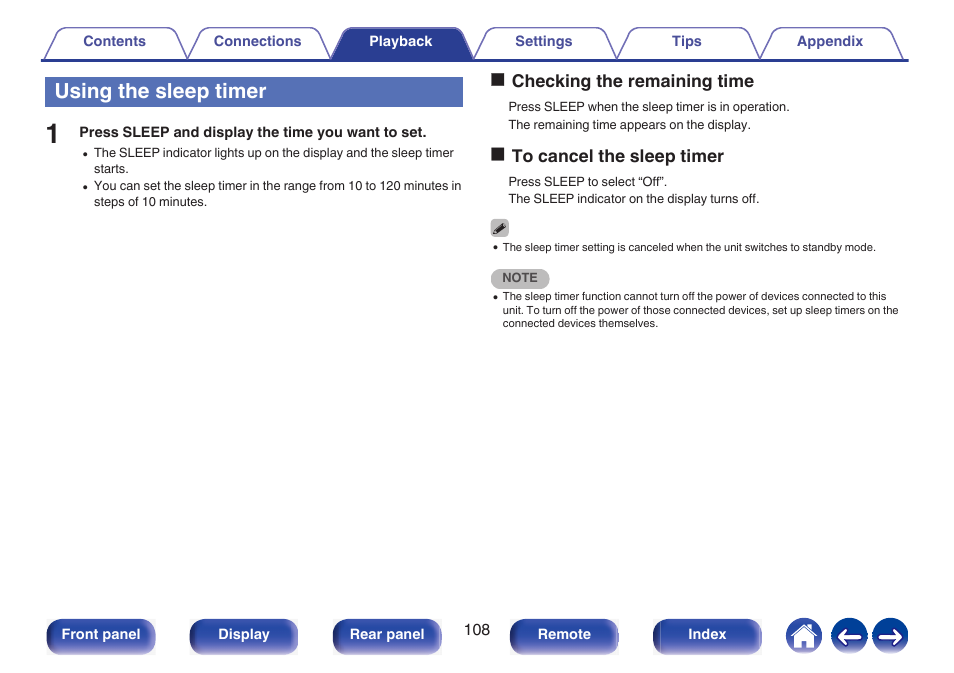 Using the sleep timer | Marantz NR1510 5.2-Channel Network A/V Receiver User Manual | Page 108 / 244