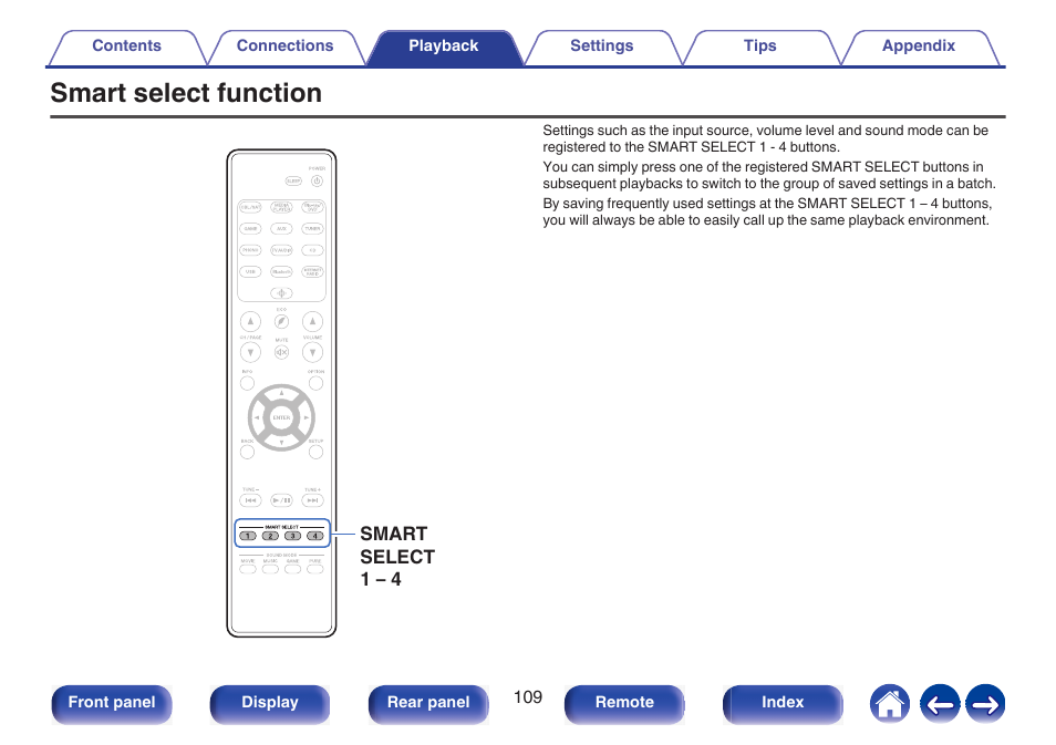 Smart select function, Volume level and sound mode settings, P. 109) | Marantz NR1510 5.2-Channel Network A/V Receiver User Manual | Page 109 / 244