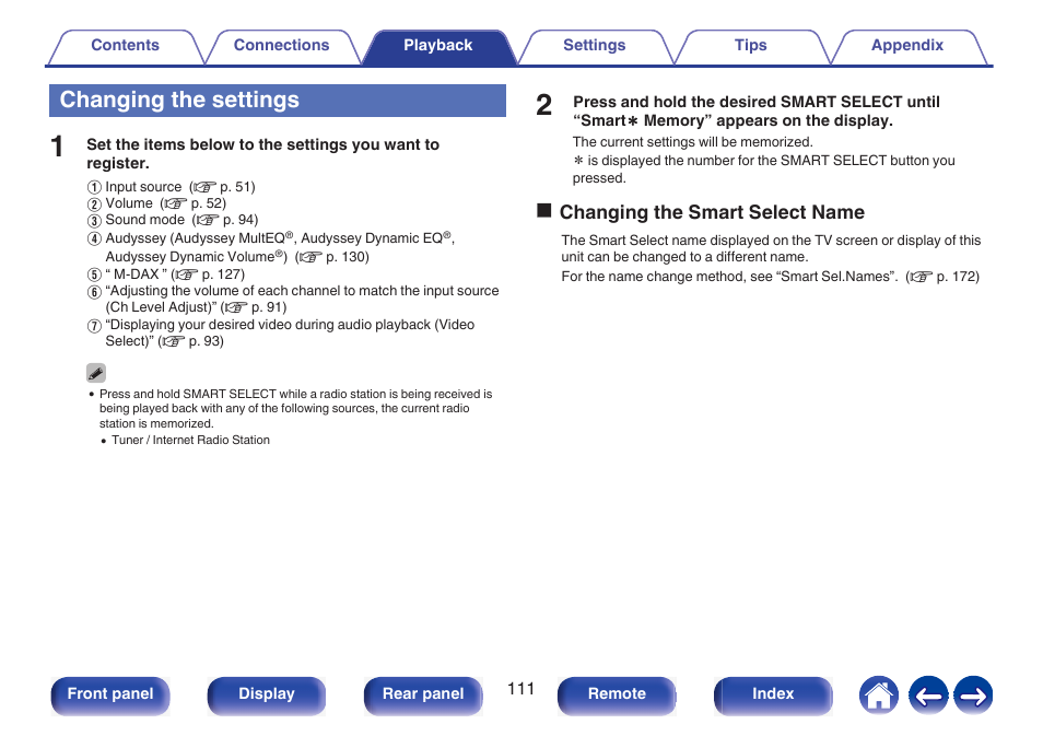 Changing the settings, See “changing the settings, P. 111) | Ochanging the smart select name | Marantz NR1510 5.2-Channel Network A/V Receiver User Manual | Page 111 / 244