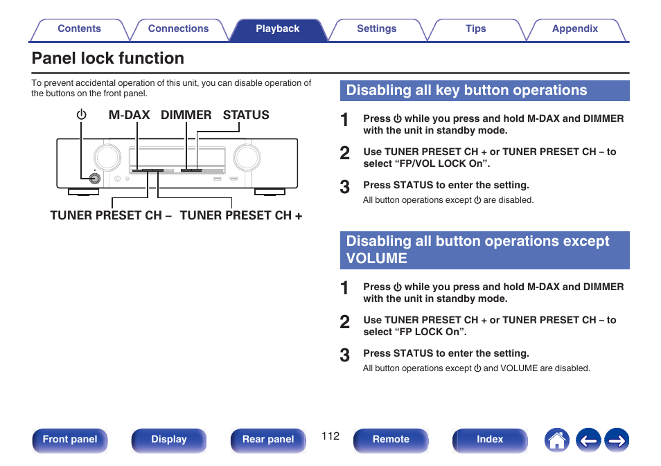 Panel lock function, Disabling all key button operations, Disabling all button operations except volume | Marantz NR1510 5.2-Channel Network A/V Receiver User Manual | Page 112 / 244