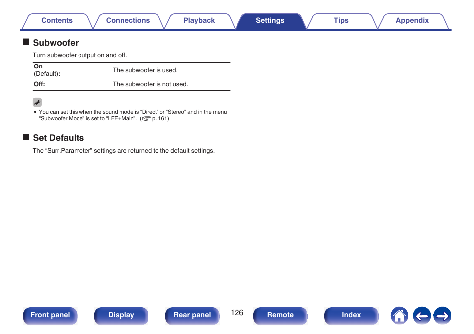 Osubwoofer, Oset defaults | Marantz NR1510 5.2-Channel Network A/V Receiver User Manual | Page 126 / 244