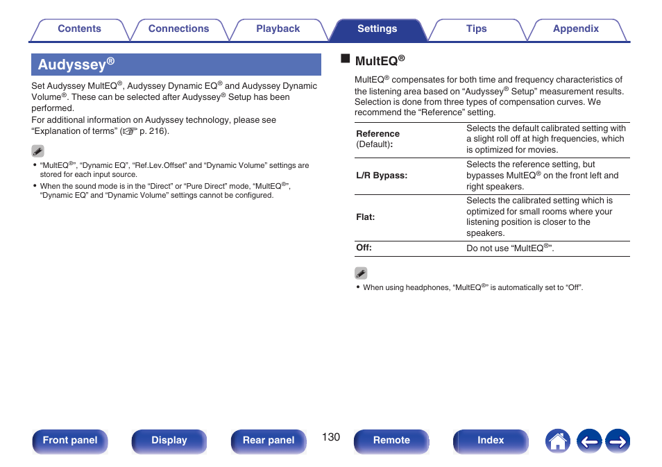 Audyssey, Been set up, P. 130) | Omulteq | Marantz NR1510 5.2-Channel Network A/V Receiver User Manual | Page 130 / 244