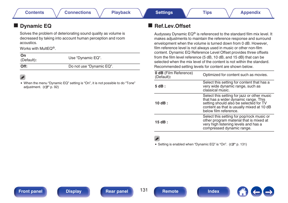 P. 131), Dynamic eq, Odynamic eq | Oref.lev.offset | Marantz NR1510 5.2-Channel Network A/V Receiver User Manual | Page 131 / 244