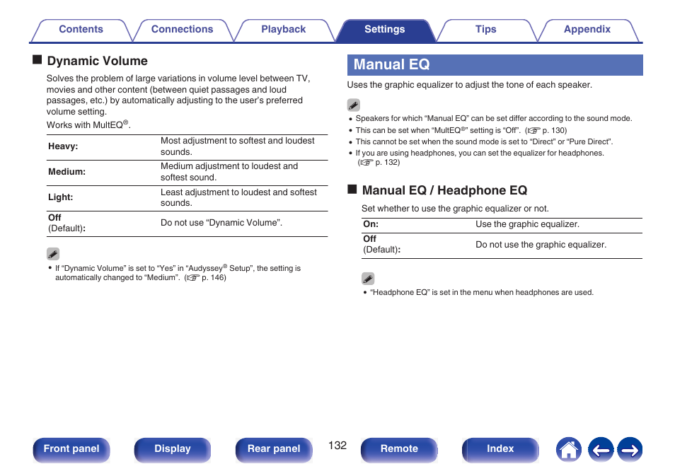Manual eq, Dynamic volume, P. 132) | Odynamic volume, Omanual eq / headphone eq | Marantz NR1510 5.2-Channel Network A/V Receiver User Manual | Page 132 / 244