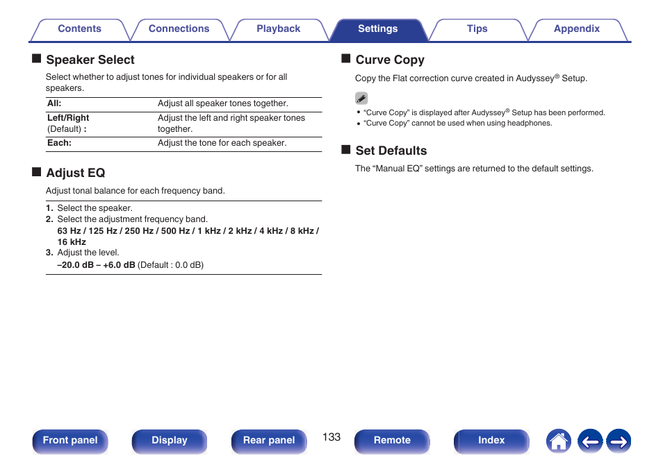Ospeaker select, Oadjust eq, Ocurve copy | Oset defaults | Marantz NR1510 5.2-Channel Network A/V Receiver User Manual | Page 133 / 244