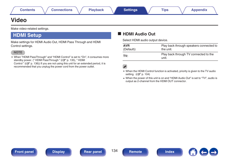 Video, Hdmi setup, To “tv | P. 134), Ohdmi audio out | Marantz NR1510 5.2-Channel Network A/V Receiver User Manual | Page 134 / 244