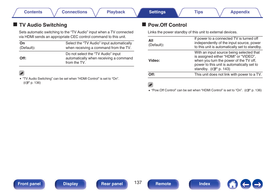 Otv audio switching, Opow.off control | Marantz NR1510 5.2-Channel Network A/V Receiver User Manual | Page 137 / 244