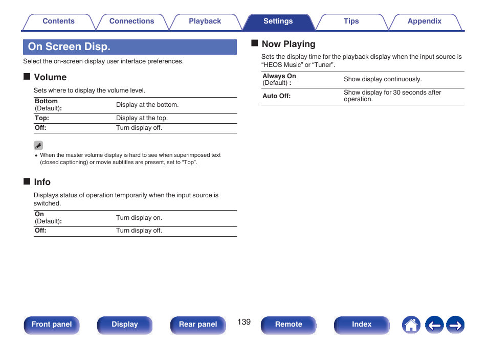 On screen disp, Ovolume, Oinfo | Onow playing | Marantz NR1510 5.2-Channel Network A/V Receiver User Manual | Page 139 / 244