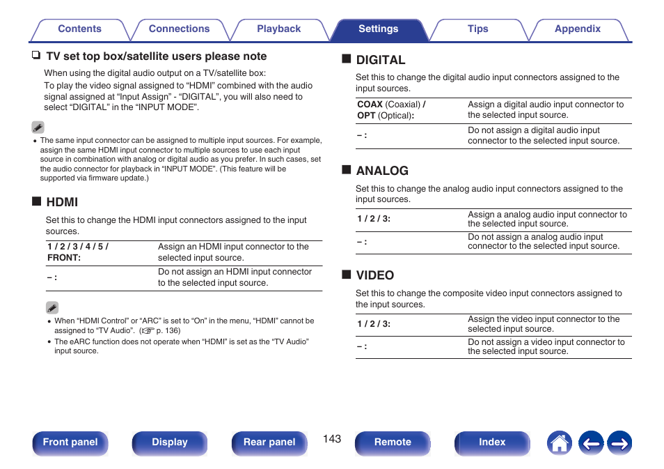 Standby, P. 143), Ohdmi | Odigital, Oanalog, Ovideo | Marantz NR1510 5.2-Channel Network A/V Receiver User Manual | Page 143 / 244