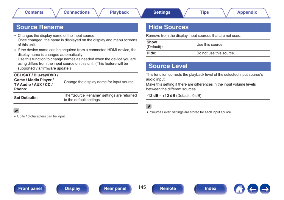 Source rename, Hide sources, Source level | Marantz NR1510 5.2-Channel Network A/V Receiver User Manual | Page 145 / 244