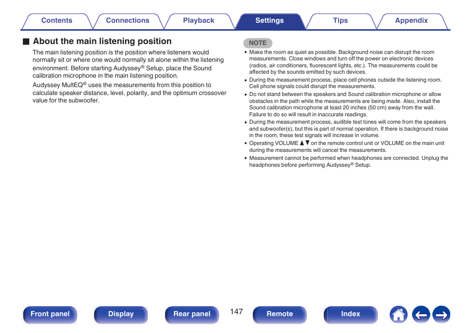 Oabout the main listening position | Marantz NR1510 5.2-Channel Network A/V Receiver User Manual | Page 147 / 244