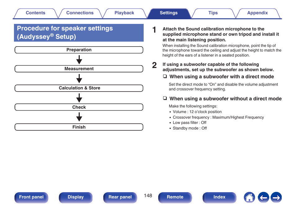 Procedure for speaker settings (audyssey, Setup) | Marantz NR1510 5.2-Channel Network A/V Receiver User Manual | Page 148 / 244
