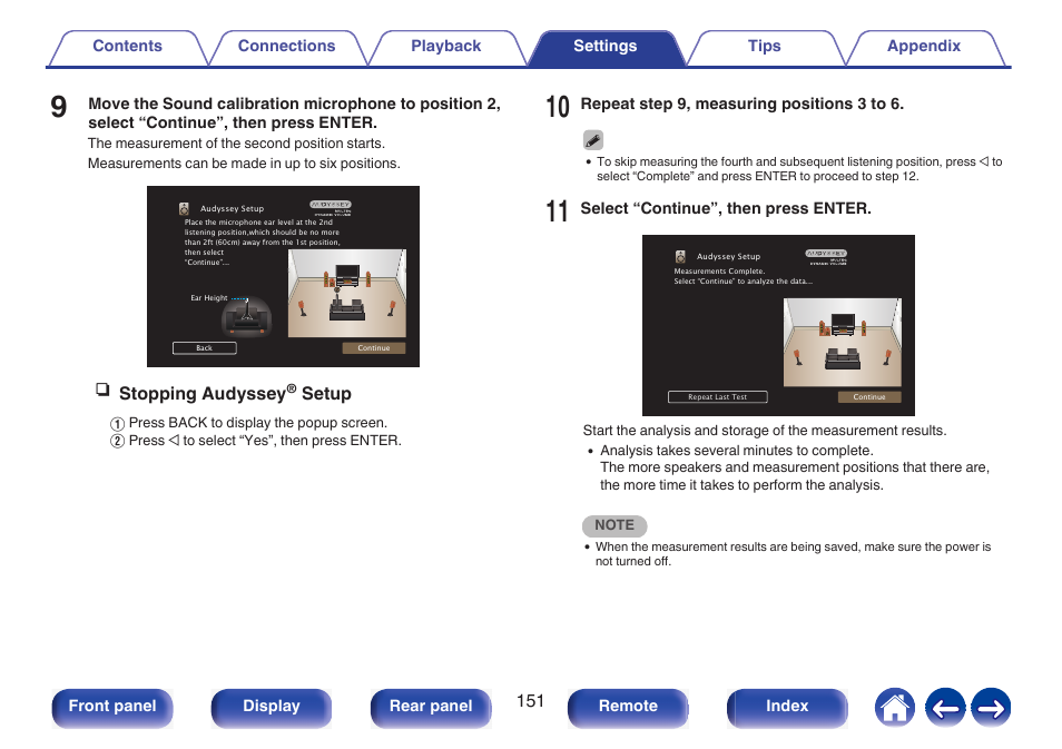 Nstopping audyssey, Setup | Marantz NR1510 5.2-Channel Network A/V Receiver User Manual | Page 151 / 244