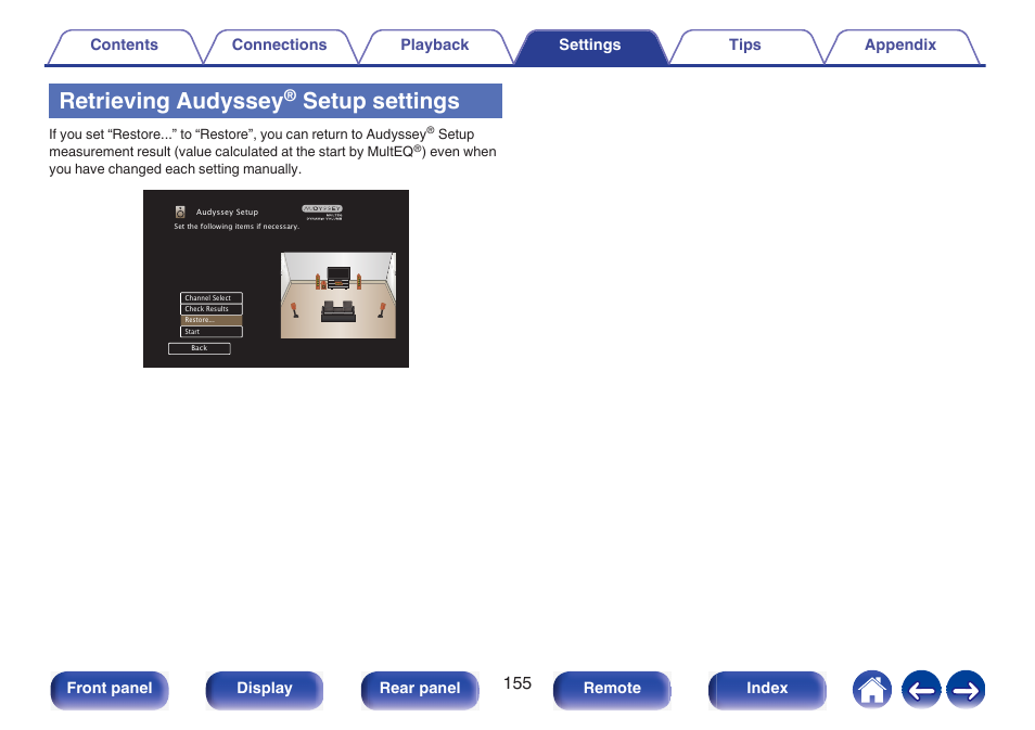 Retrieving audyssey, Setup settings | Marantz NR1510 5.2-Channel Network A/V Receiver User Manual | Page 155 / 244
