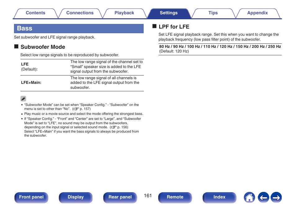 Bass, Is set to “lfe+main, P. 161) | Setting, Osubwoofer mode, Olpf for lfe | Marantz NR1510 5.2-Channel Network A/V Receiver User Manual | Page 161 / 244