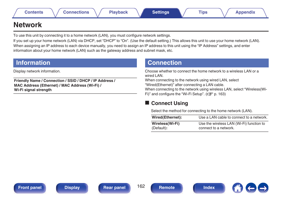 Network, Information, Connection | Ip address, etc. in “network, P. 162), Oconnect using | Marantz NR1510 5.2-Channel Network A/V Receiver User Manual | Page 162 / 244