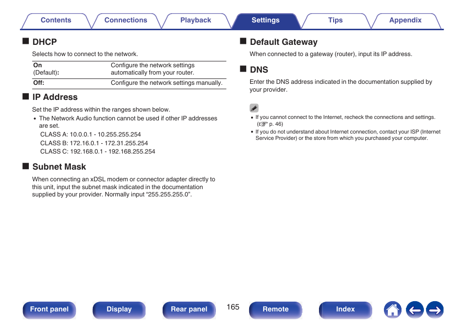 Odhcp, Oip address, Osubnet mask | Odefault gateway, Odns | Marantz NR1510 5.2-Channel Network A/V Receiver User Manual | Page 165 / 244