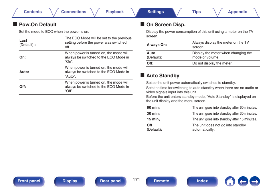 Opow.on default, Oon screen disp, Oauto standby | Marantz NR1510 5.2-Channel Network A/V Receiver User Manual | Page 171 / 244