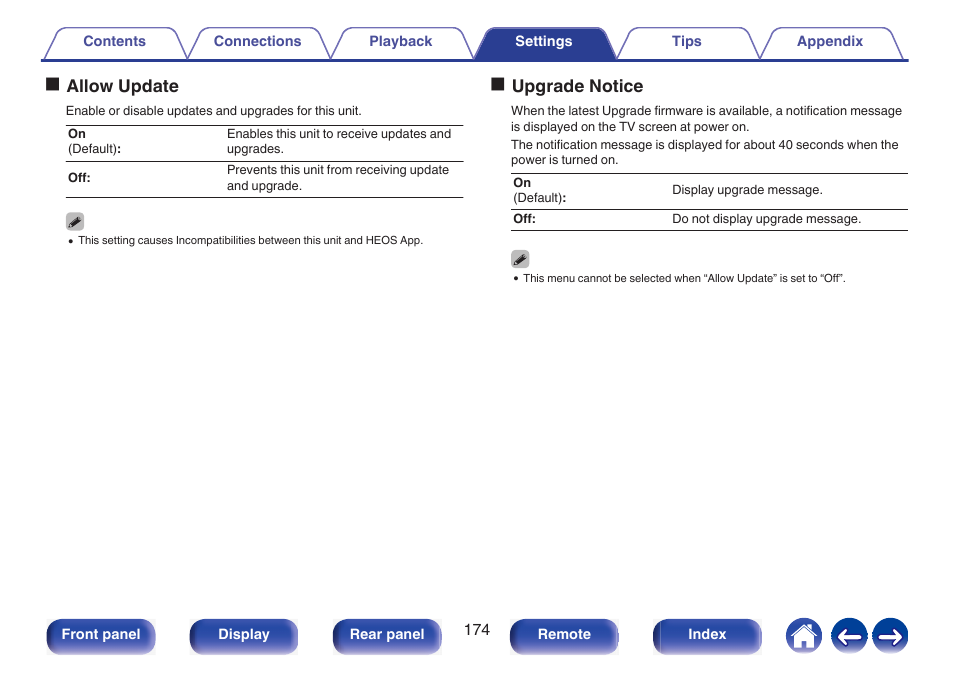 Oallow update, Oupgrade notice | Marantz NR1510 5.2-Channel Network A/V Receiver User Manual | Page 174 / 244