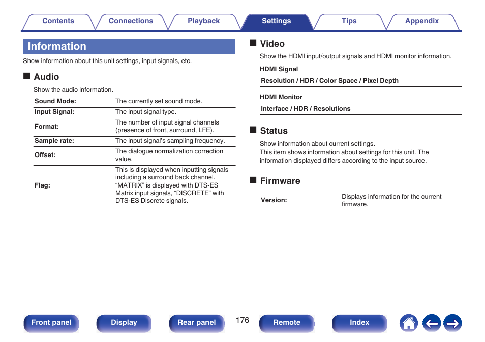 Information, Oaudio, Ovideo | Ostatus, Ofirmware | Marantz NR1510 5.2-Channel Network A/V Receiver User Manual | Page 176 / 244