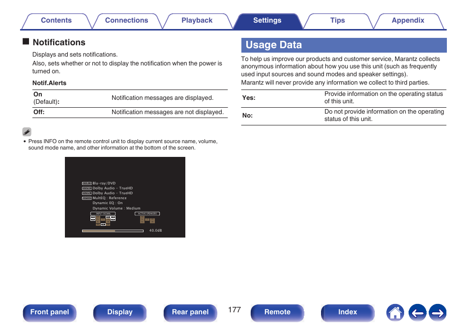 Usage data, P. 177), Onotifications | Front panel display rear panel remote index | Marantz NR1510 5.2-Channel Network A/V Receiver User Manual | Page 177 / 244