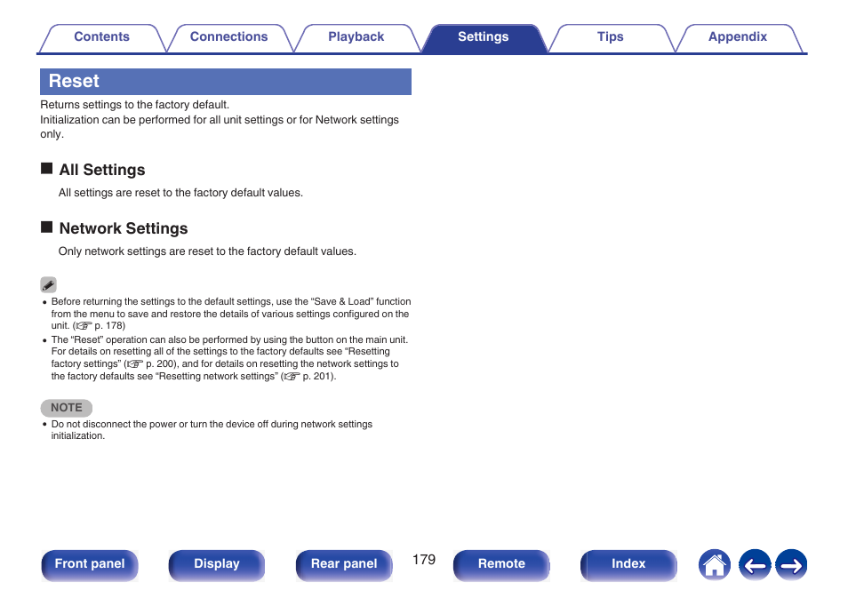 Reset, Oall settings, Onetwork settings | Marantz NR1510 5.2-Channel Network A/V Receiver User Manual | Page 179 / 244