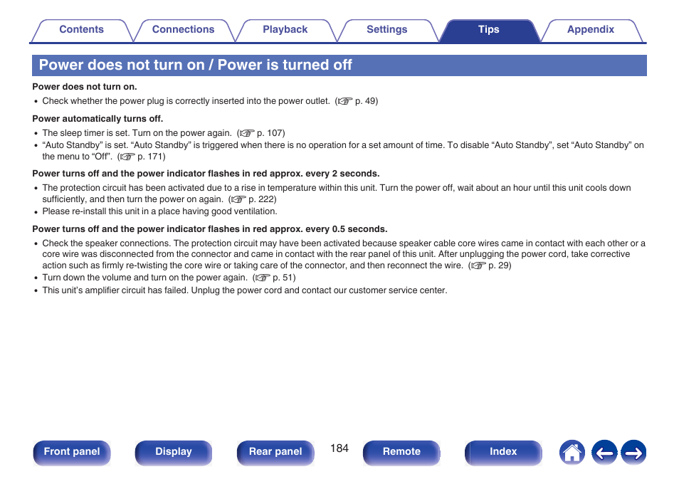 Power does not turn on / power is turned off | Marantz NR1510 5.2-Channel Network A/V Receiver User Manual | Page 184 / 244