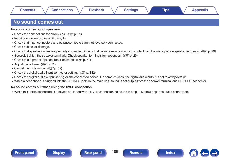 No sound comes out | Marantz NR1510 5.2-Channel Network A/V Receiver User Manual | Page 186 / 244