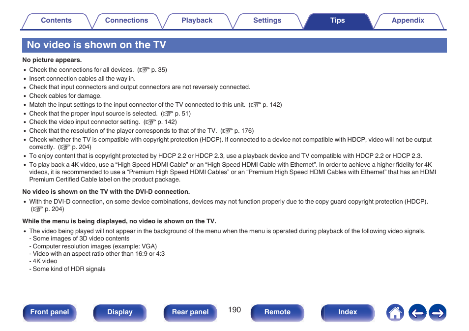 No video is shown on the tv | Marantz NR1510 5.2-Channel Network A/V Receiver User Manual | Page 190 / 244