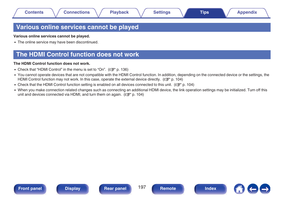 Various online services cannot be played, The hdmi control function does not work | Marantz NR1510 5.2-Channel Network A/V Receiver User Manual | Page 197 / 244