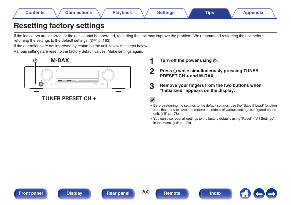 Resetting factory settings, Resetting, Factory settings | Marantz NR1510 5.2-Channel Network A/V Receiver User Manual | Page 200 / 244