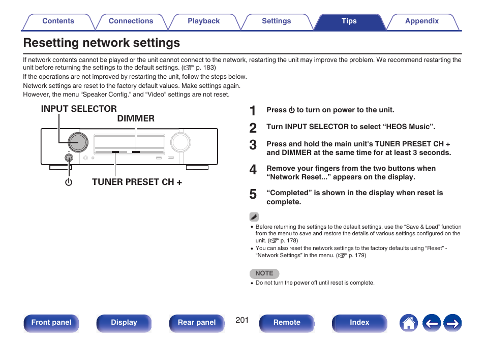Resetting network settings, P. 201) | Marantz NR1510 5.2-Channel Network A/V Receiver User Manual | Page 201 / 244