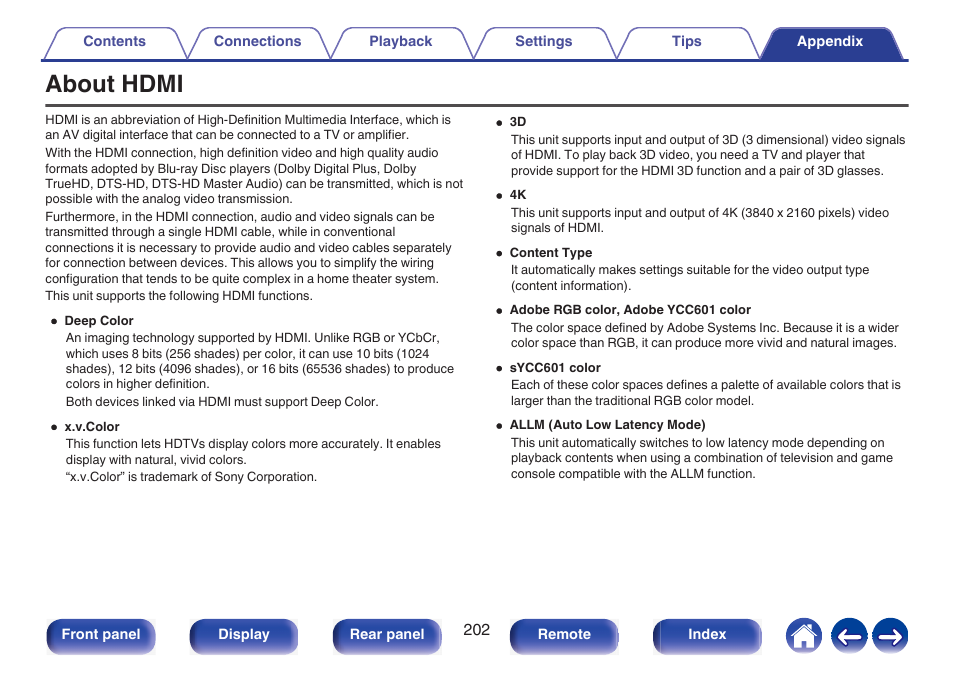 Appendix, About hdmi | Marantz NR1510 5.2-Channel Network A/V Receiver User Manual | Page 202 / 244