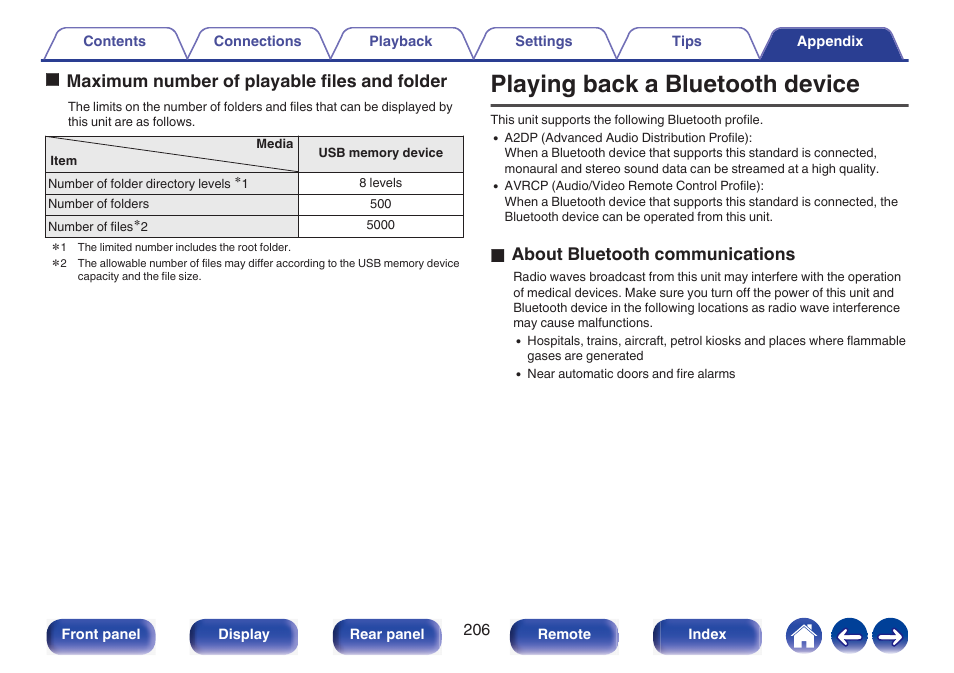 Playing back a bluetooth device, Omaximum number of playable files and folder, Oabout bluetooth communications | Marantz NR1510 5.2-Channel Network A/V Receiver User Manual | Page 206 / 244