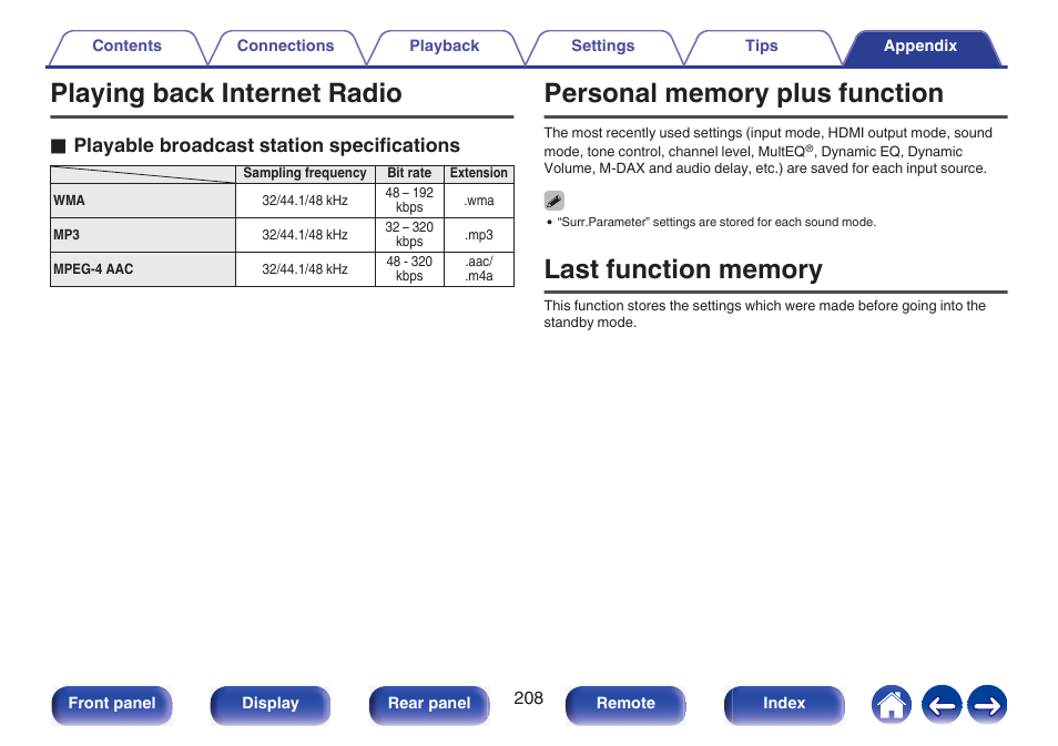Playing back internet radio, Personal memory plus function, Last function memory | See “playing back internet radio, P. 208), Oplayable broadcast station specifications | Marantz NR1510 5.2-Channel Network A/V Receiver User Manual | Page 208 / 244