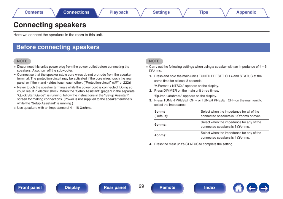 Connecting speakers, Before connecting speakers, P. 29) | Marantz NR1510 5.2-Channel Network A/V Receiver User Manual | Page 29 / 244