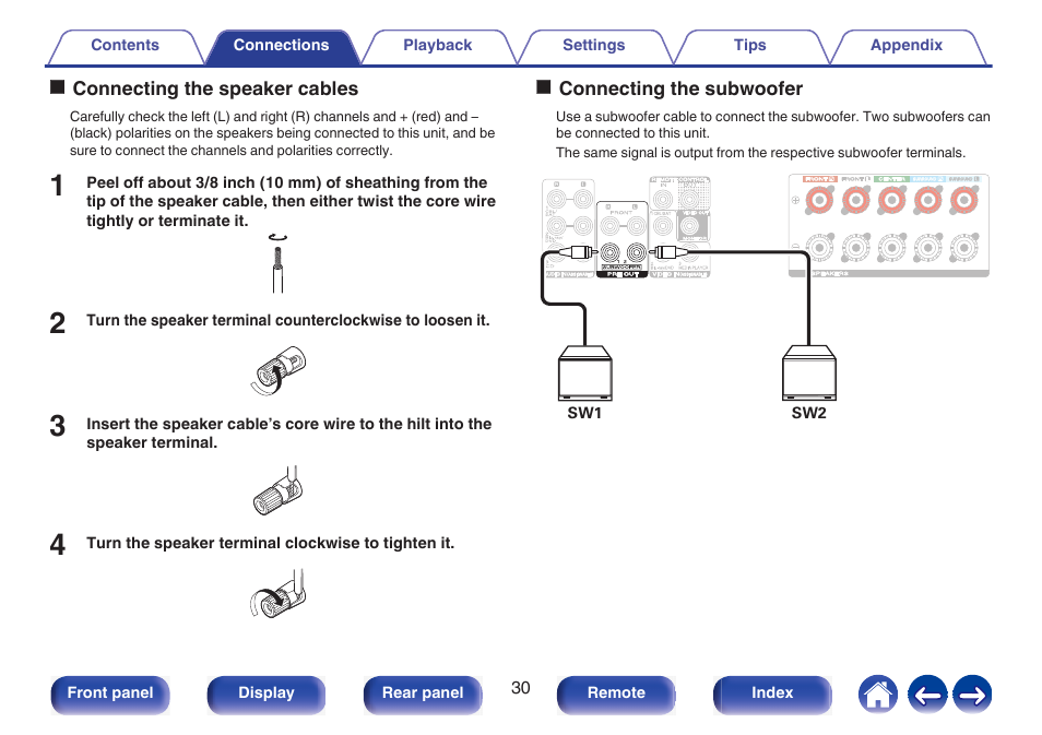 P. 30), Oconnecting the speaker cables, Oconnecting the subwoofer | Marantz NR1510 5.2-Channel Network A/V Receiver User Manual | Page 30 / 244