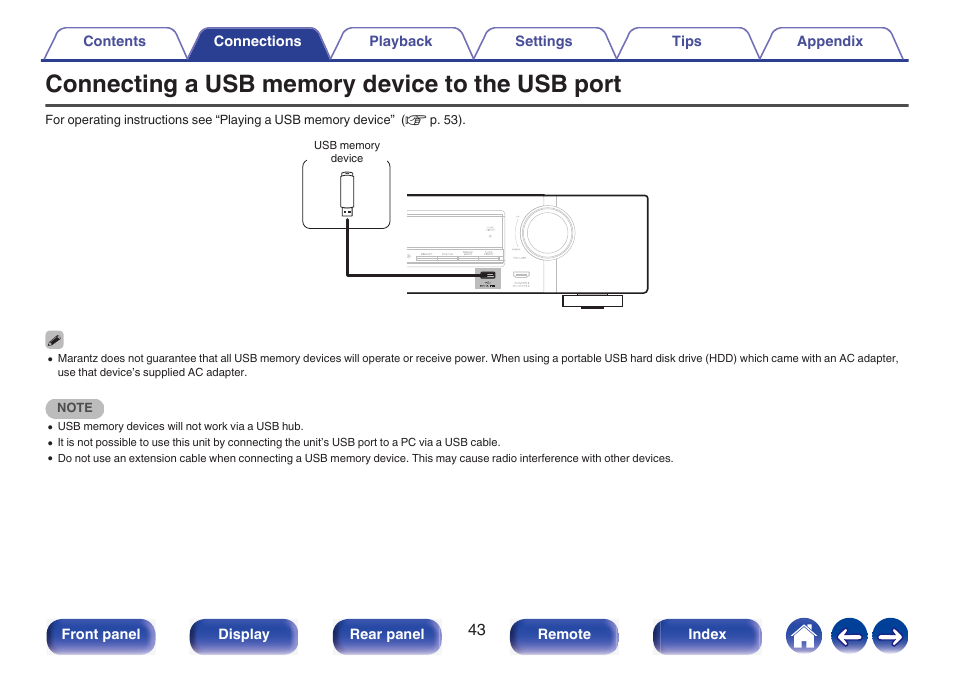 Connecting a usb memory device to the usb port, P. 43) | Marantz NR1510 5.2-Channel Network A/V Receiver User Manual | Page 43 / 244