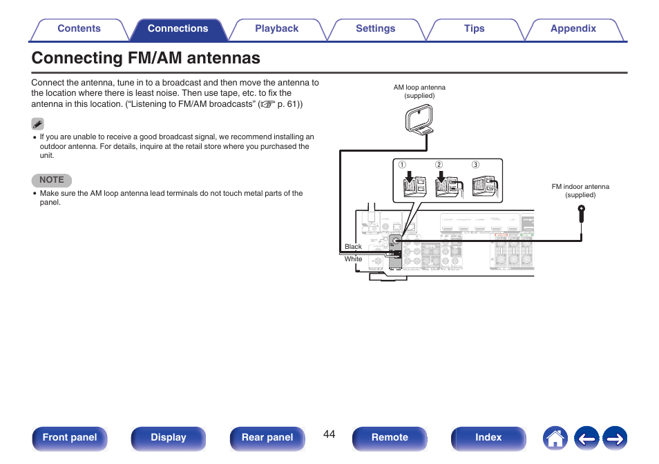 Connecting fm/am antennas, Used to connect fm antennas and am loop antennas, P. 44) | Marantz NR1510 5.2-Channel Network A/V Receiver User Manual | Page 44 / 244