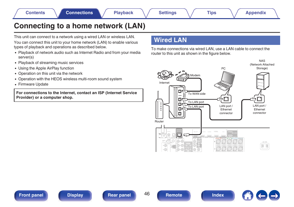 Connecting to a home network (lan), Wired lan, Network | P. 46) | Marantz NR1510 5.2-Channel Network A/V Receiver User Manual | Page 46 / 244
